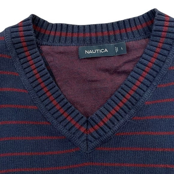 Nautica Navy Stripe V-Neck Pullover Sweater Thick 100% Cotton Long Sleeve Large - Picture 3 of 13